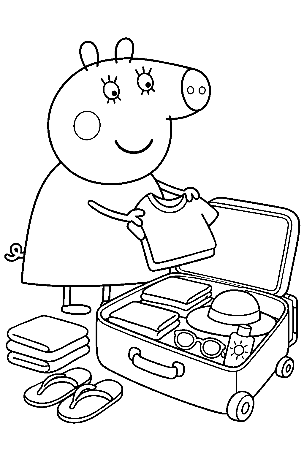 mummy pig packing a suitcase for the family holiday line art