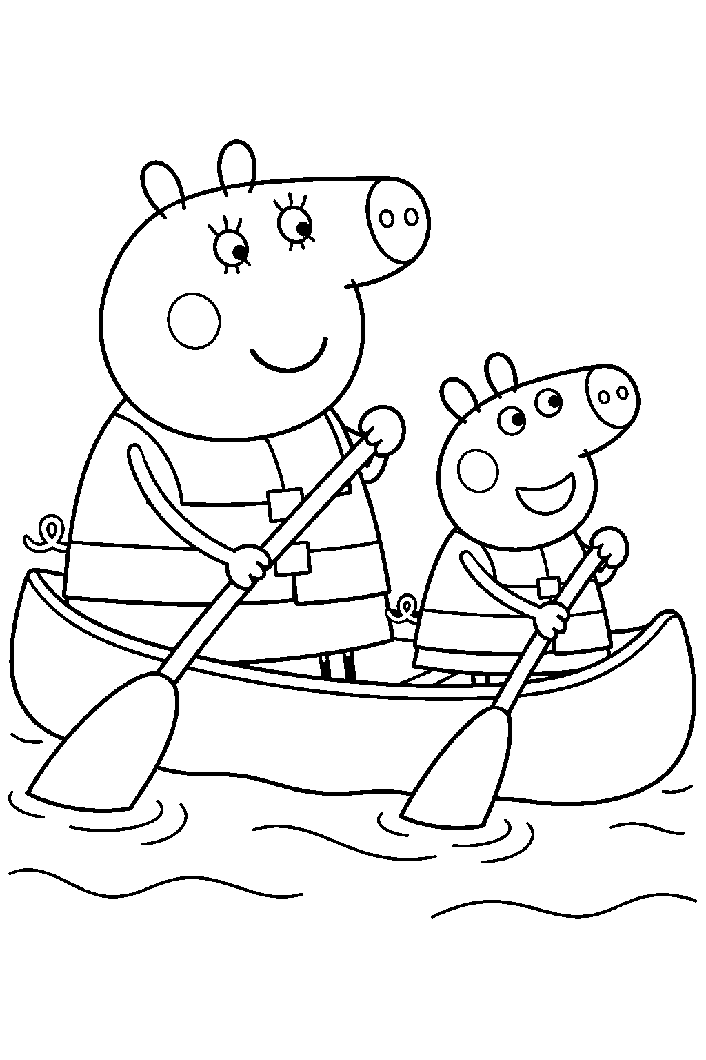 mummy pig paddling a canoe with peppa wearing life jackets line art