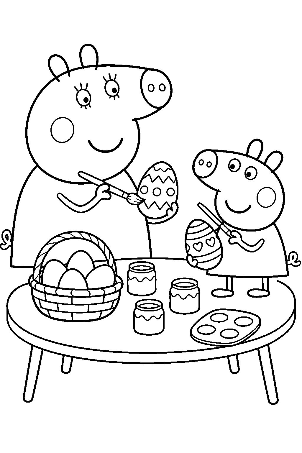 mummy pig painting easter eggs with peppa line art