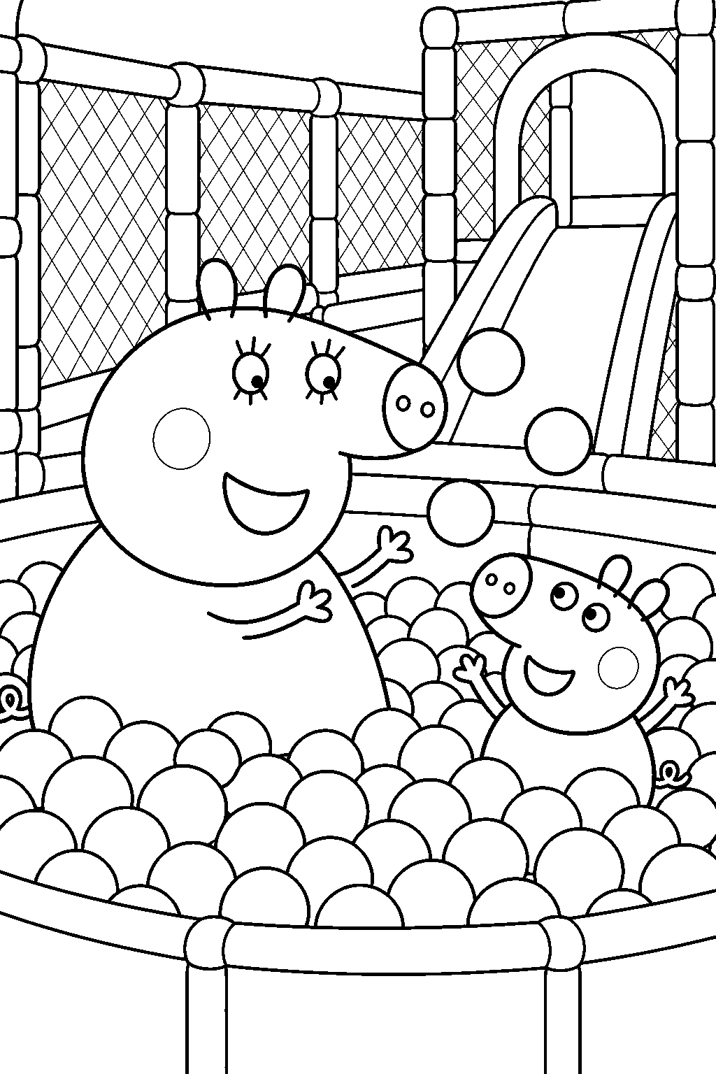 mummy pig playing with george in the ball pit at soft play line art