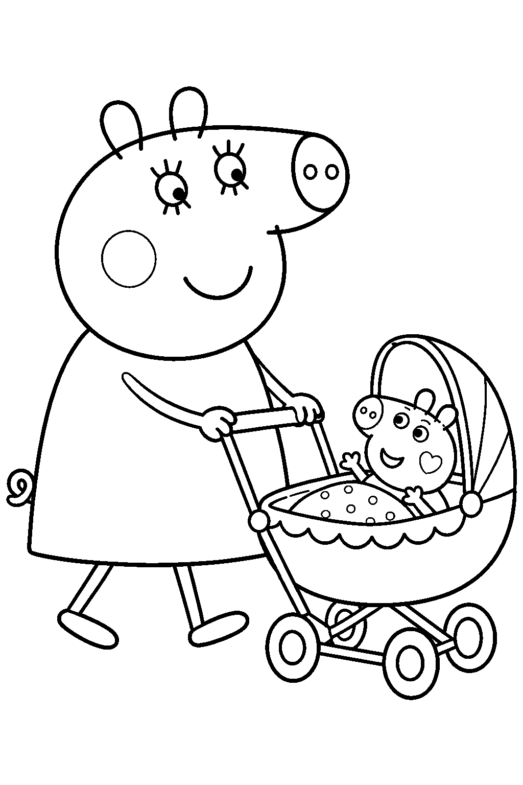 mummy pig pushing baby evie in a pram line art