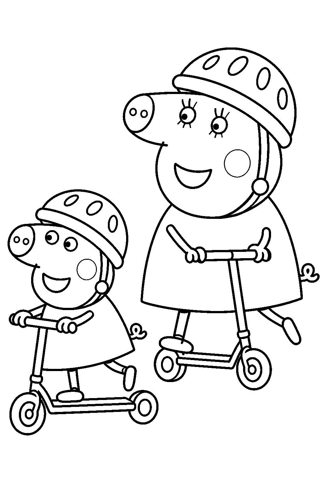 mummy pig racing peppa on scooters while wearing a helmet line art