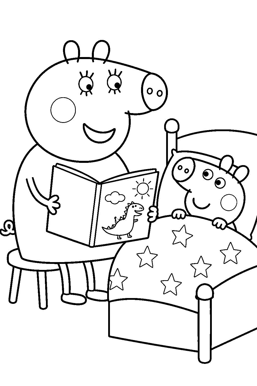 mummy pig reading a bedtime story to george line art