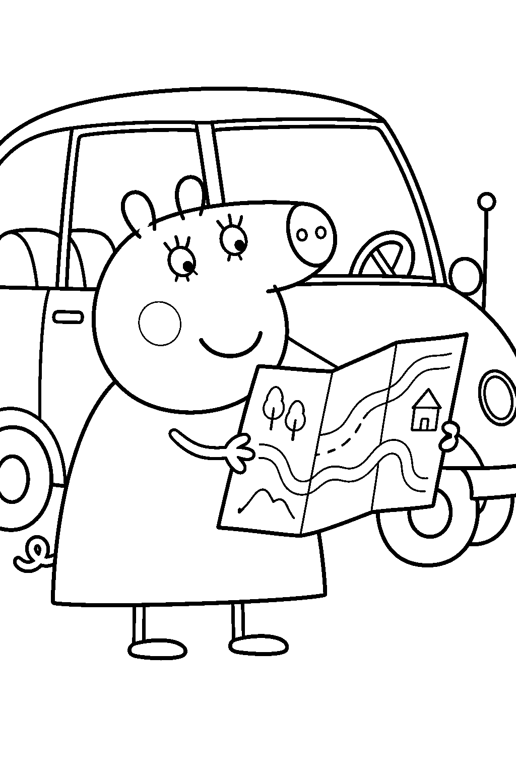 mummy pig reading a map beside the family car line art