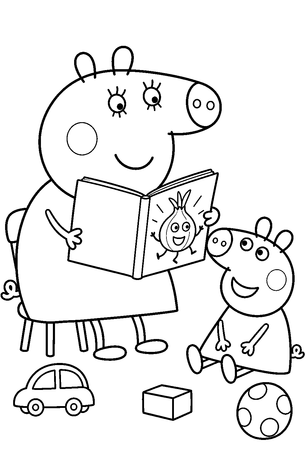mummy pig reading her funny onion book at peppa s playgroup line art