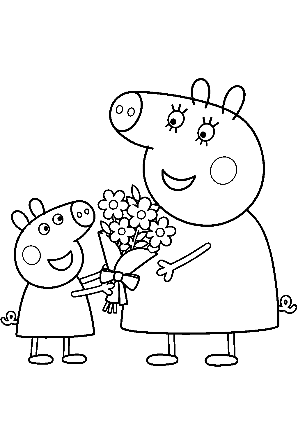 mummy pig receiving flowers from peppa on mother s day line art