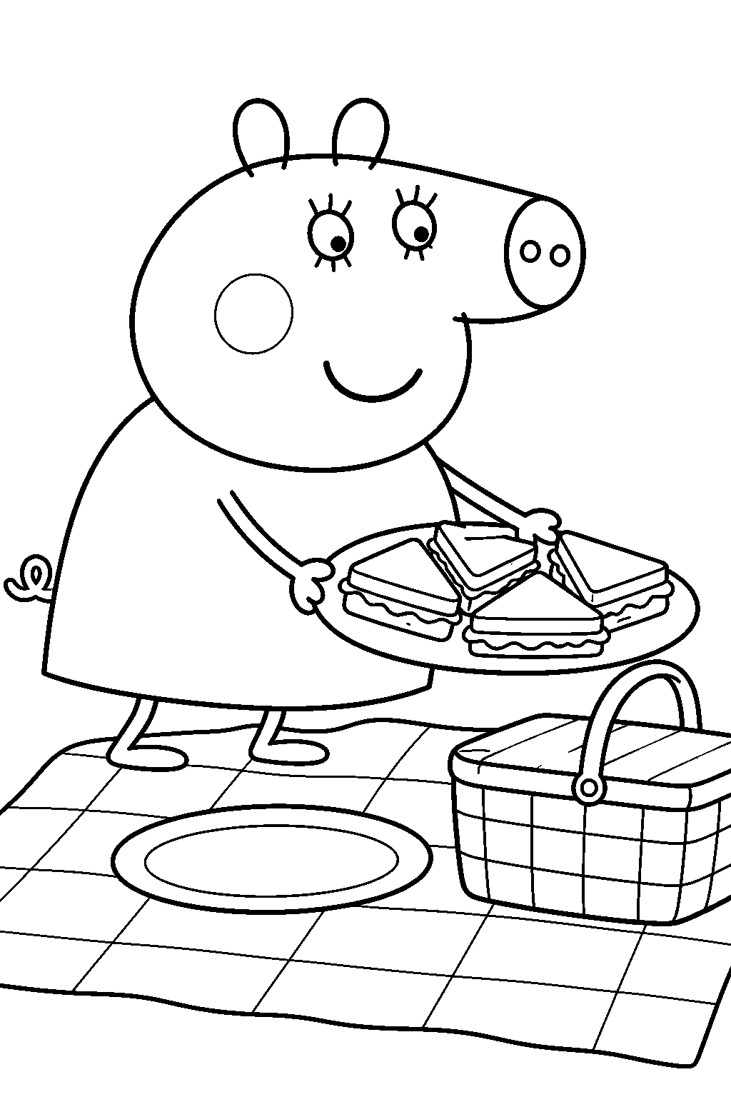 mummy pig serving sandwiches on a picnic blanket line art