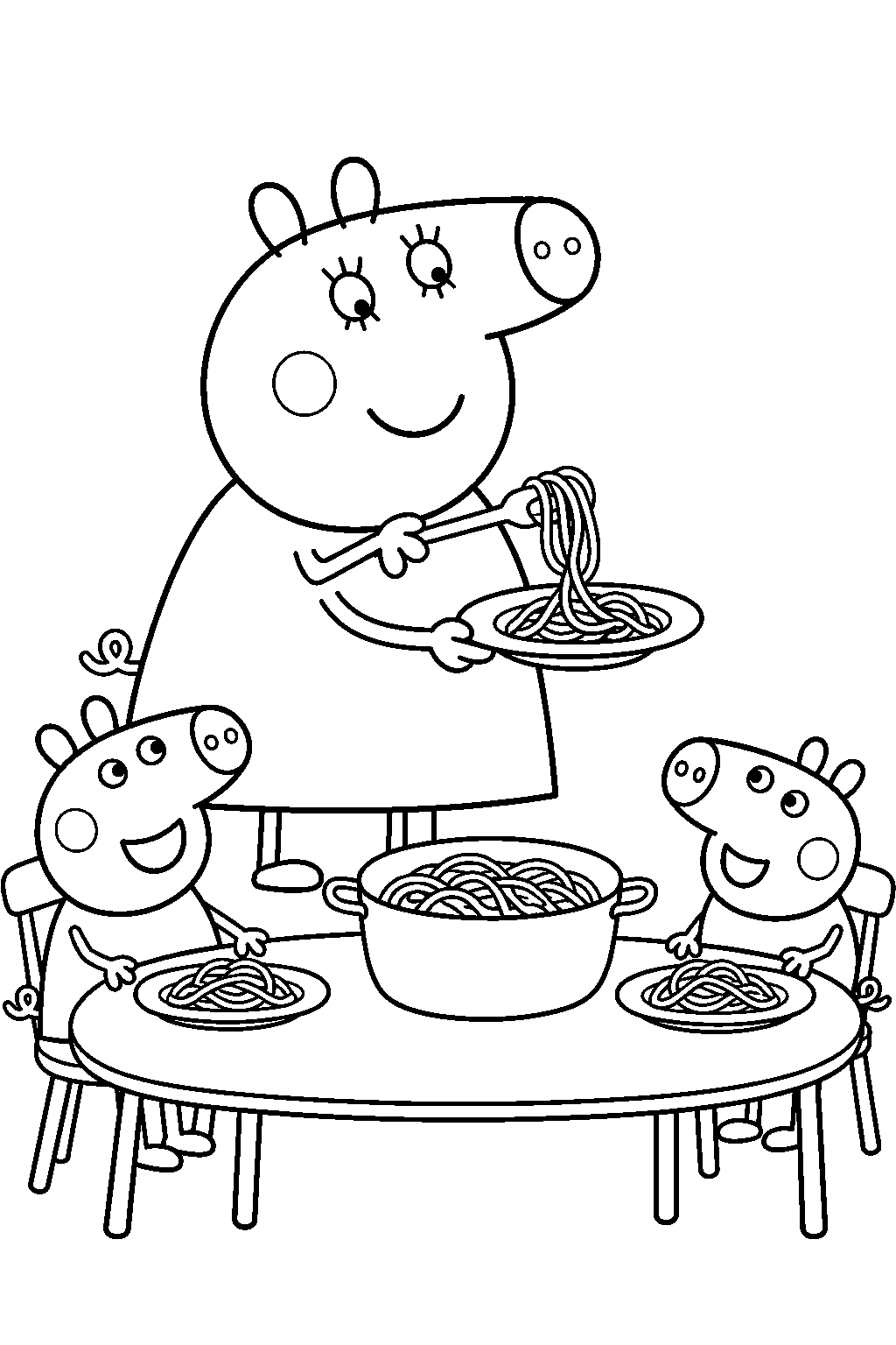 mummy pig serving spaghetti at the family dinner table line art