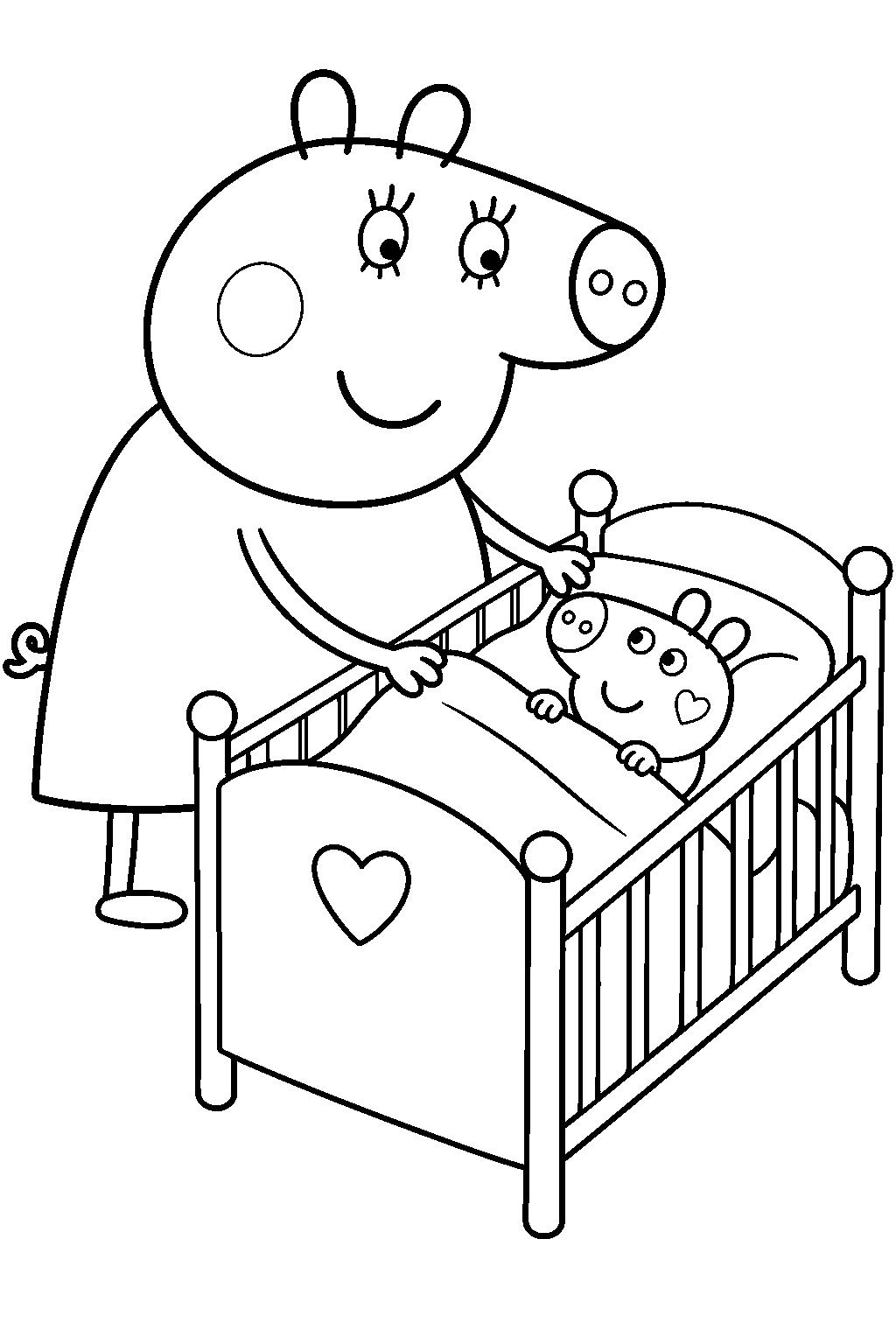 mummy pig settling baby evie into her cot line art