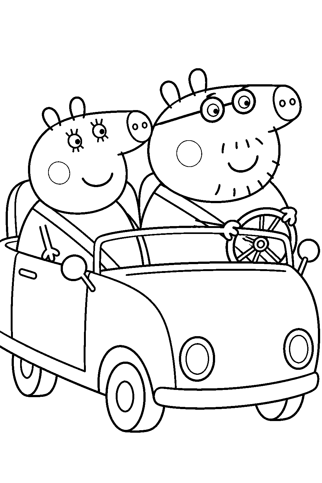 mummy pig sitting beside daddy pig in the family car line art