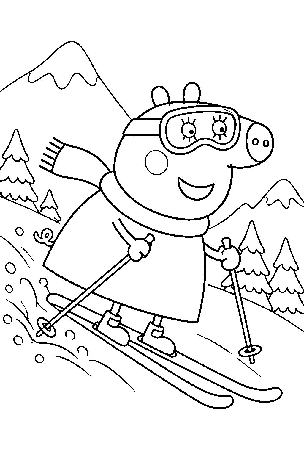 mummy pig skiing down snowy mountain wearing goggles line art