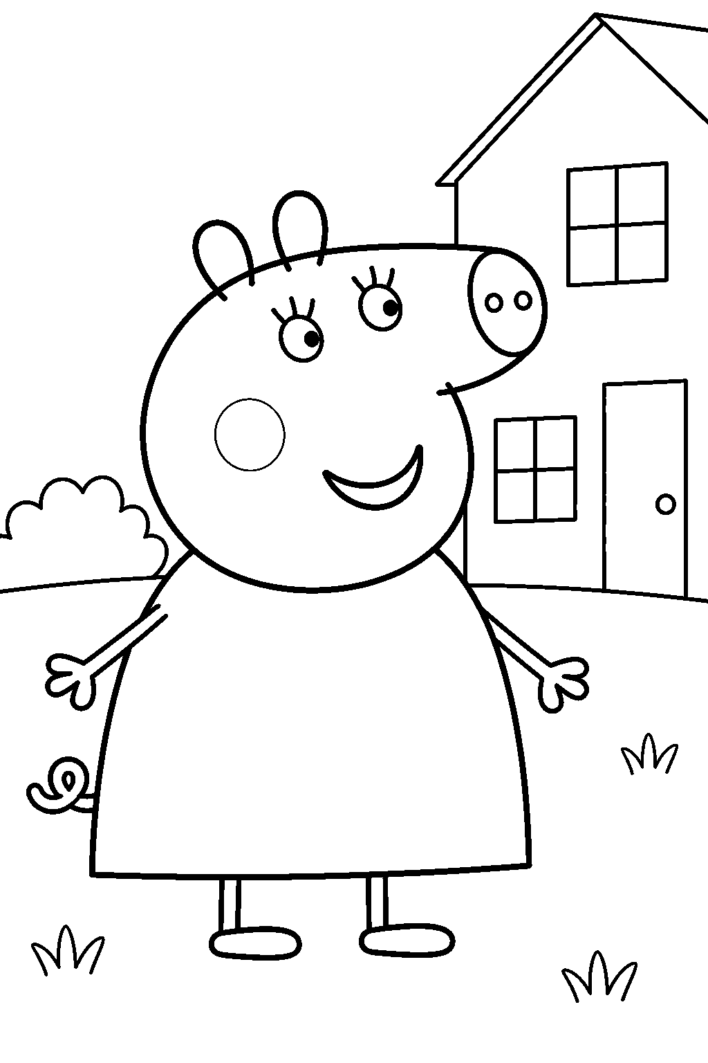 mummy pig smiling in her everyday dress outside the family house line art