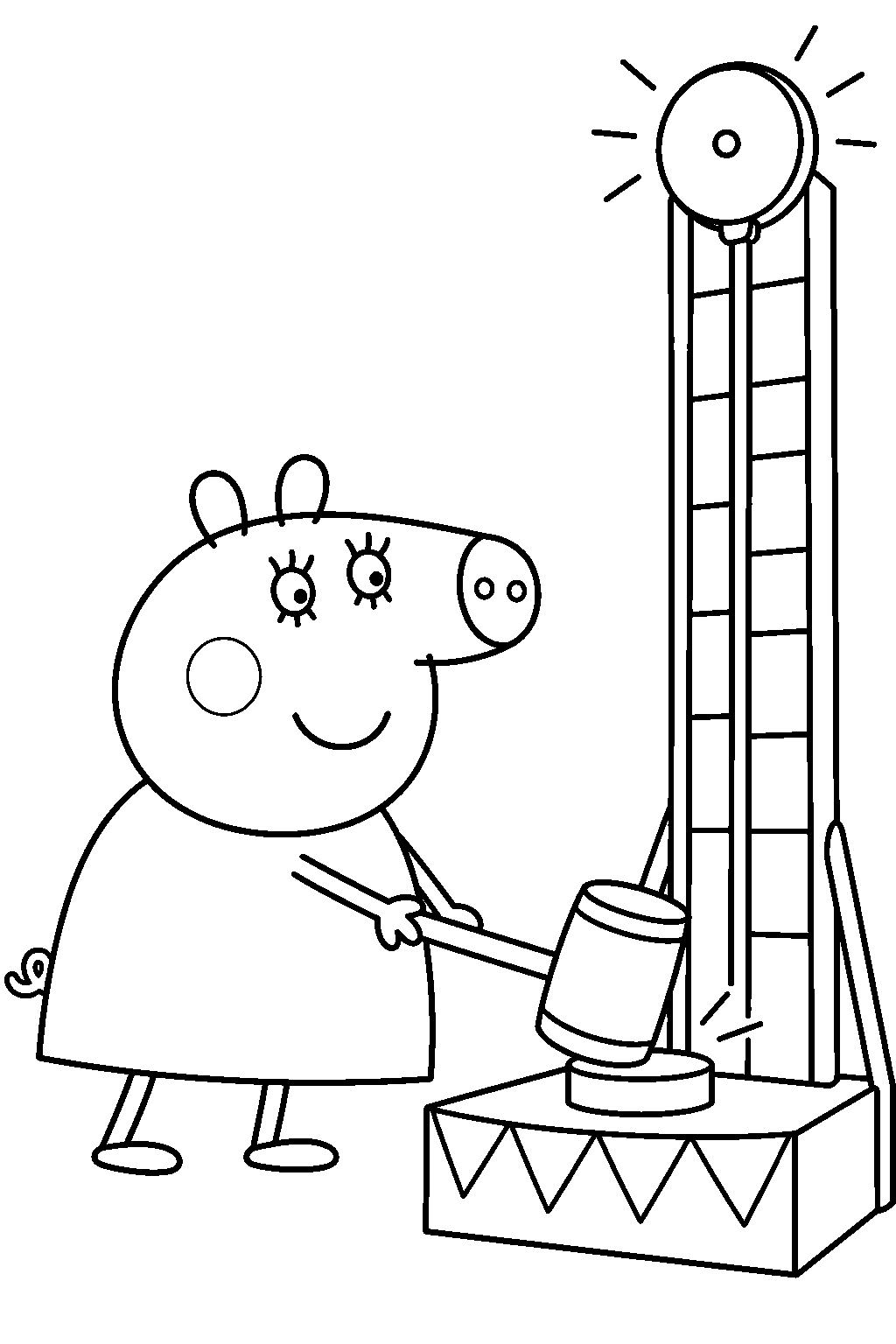 mummy pig striking the bell and hammer game at the funfair line art