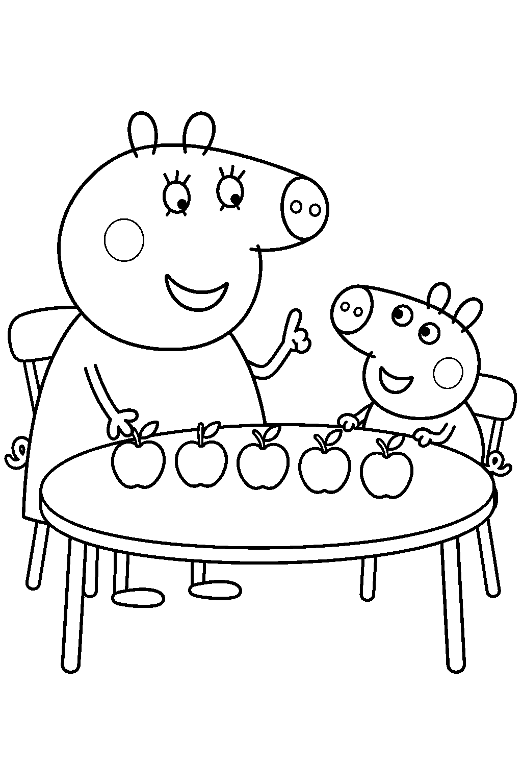 mummy pig teaching george to count apples at the kitchen table line art