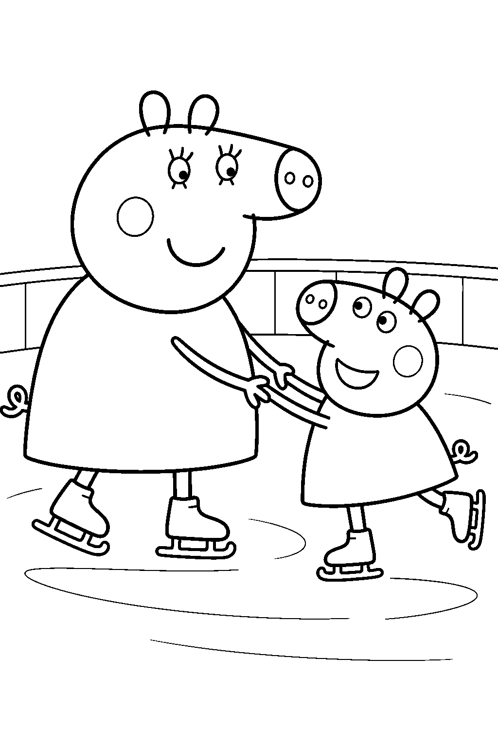 mummy pig teaching peppa to ice skate at the rink line art