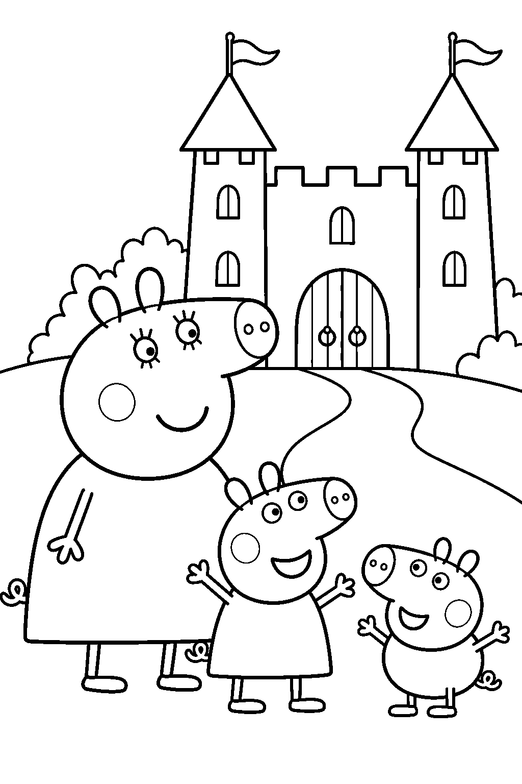 mummy pig visiting a castle with peppa and george line art