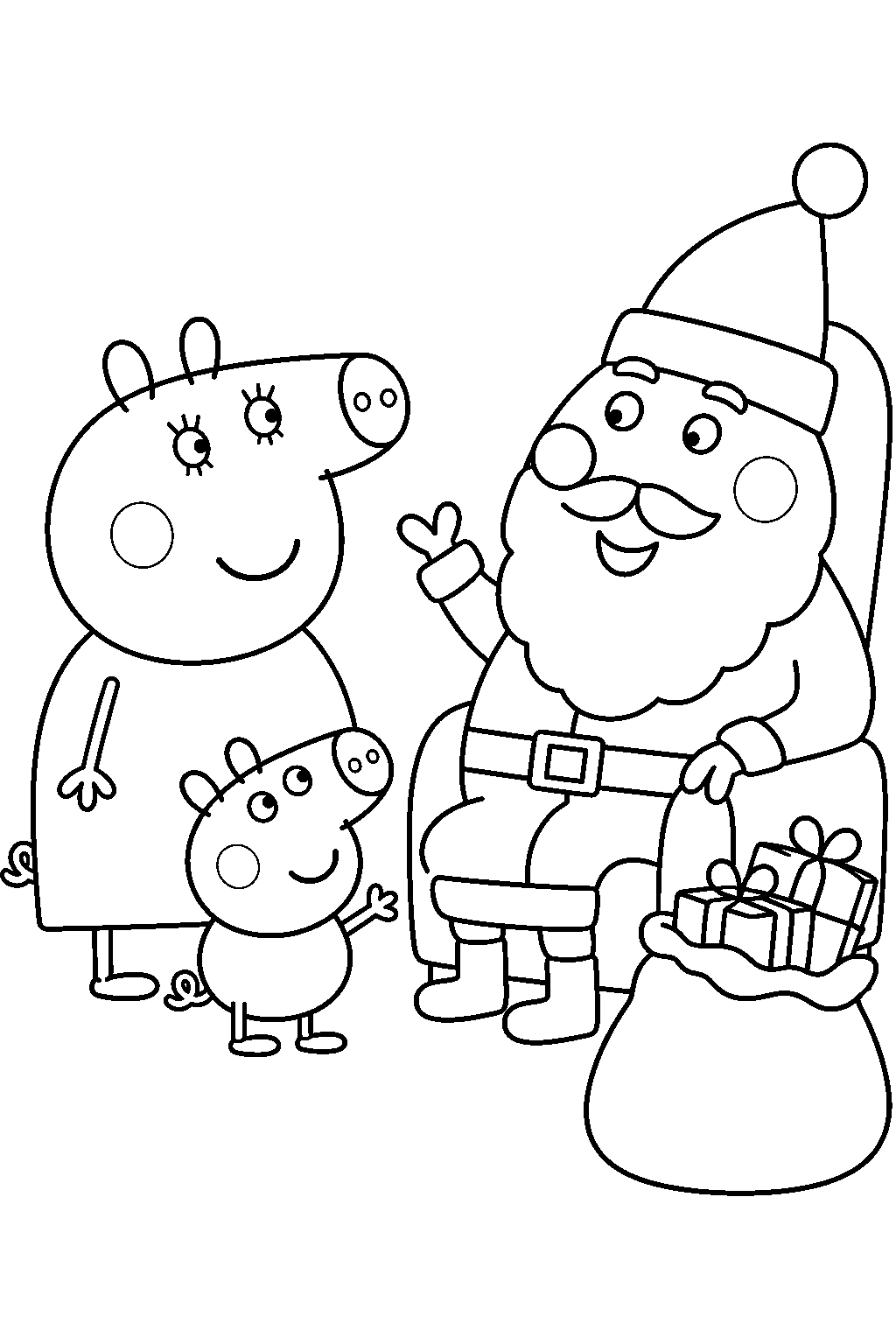 mummy pig visiting father christmas with george line art