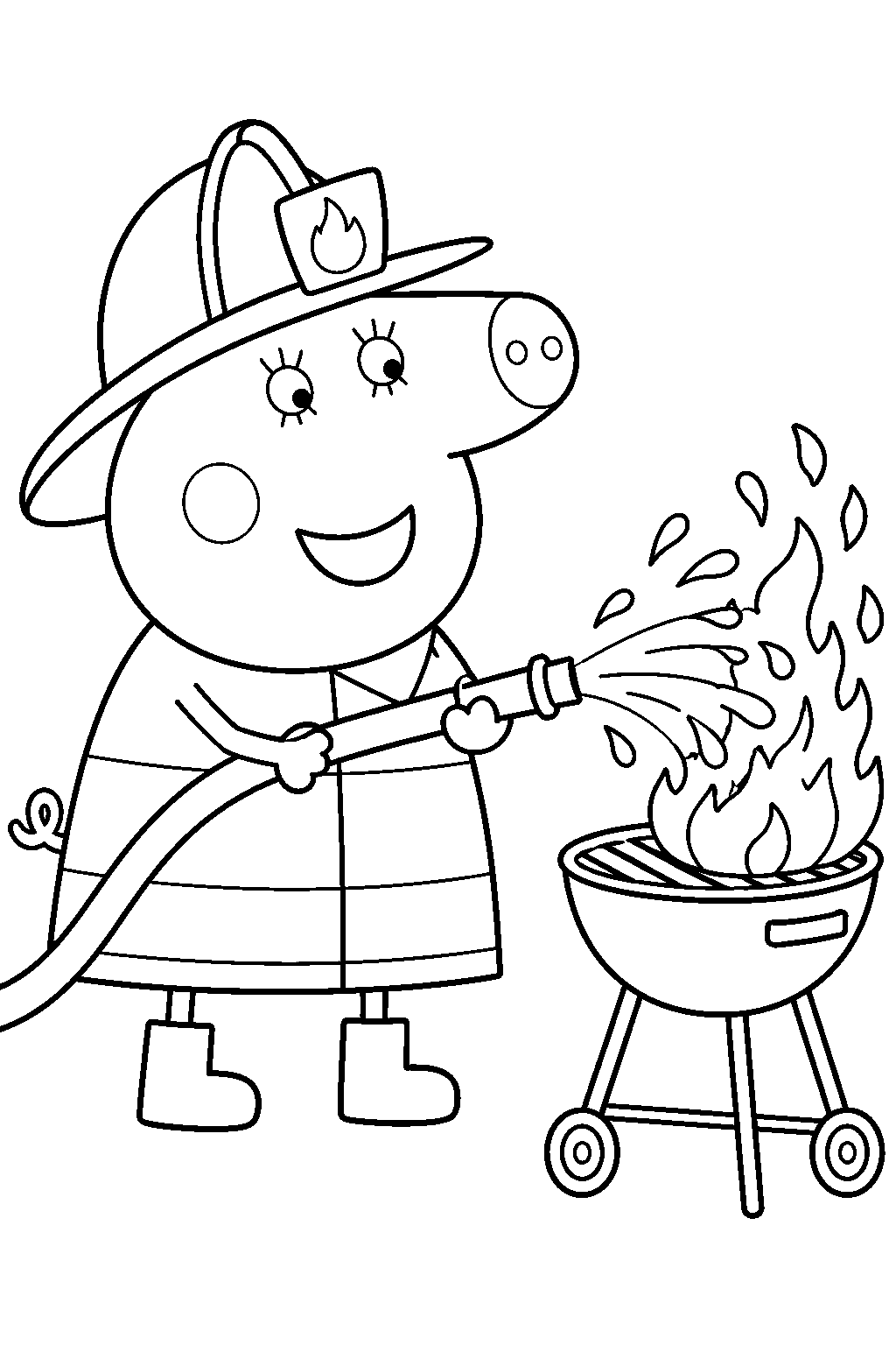 mummy pig wearing a firefighter helmet and spraying a barbecue fire with a hose line art