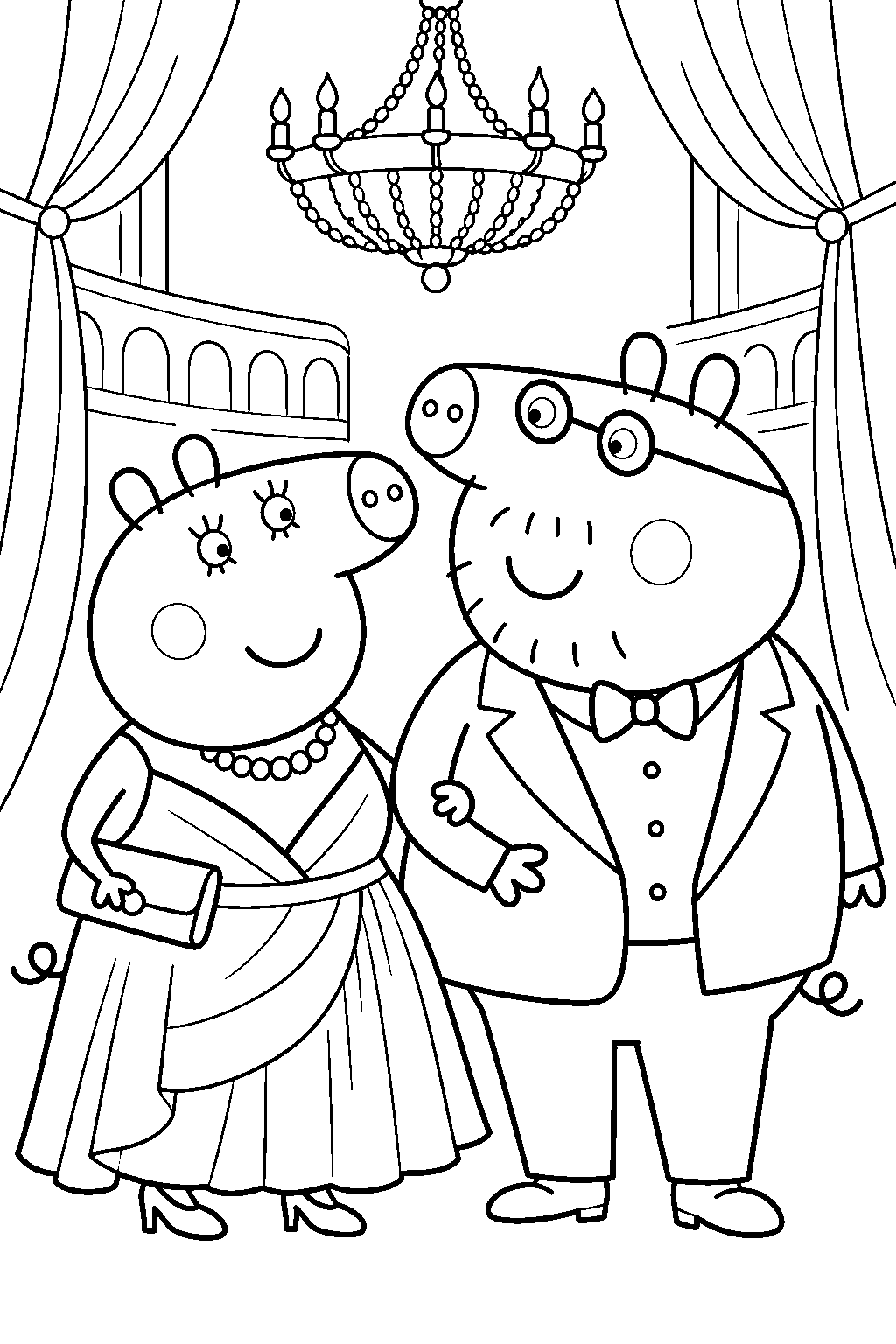 mummy pig wearing an evening dress at the theatre with daddy pig line art
