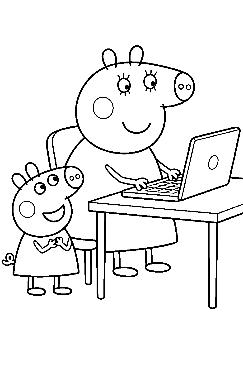 mummy pig working on her computer with peppa beside the desk line art