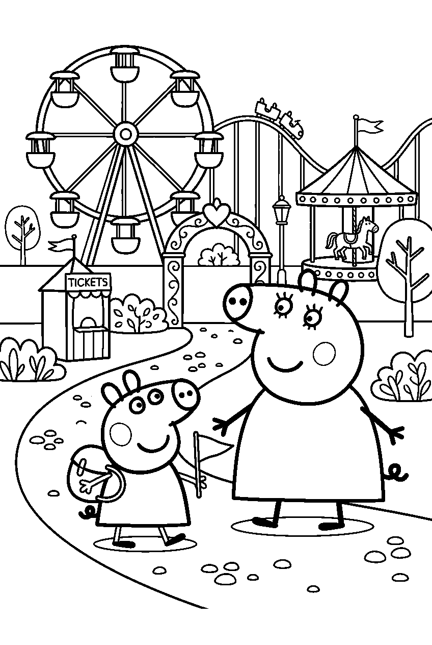 peppa pig mummy pig exploring in amusement park line art