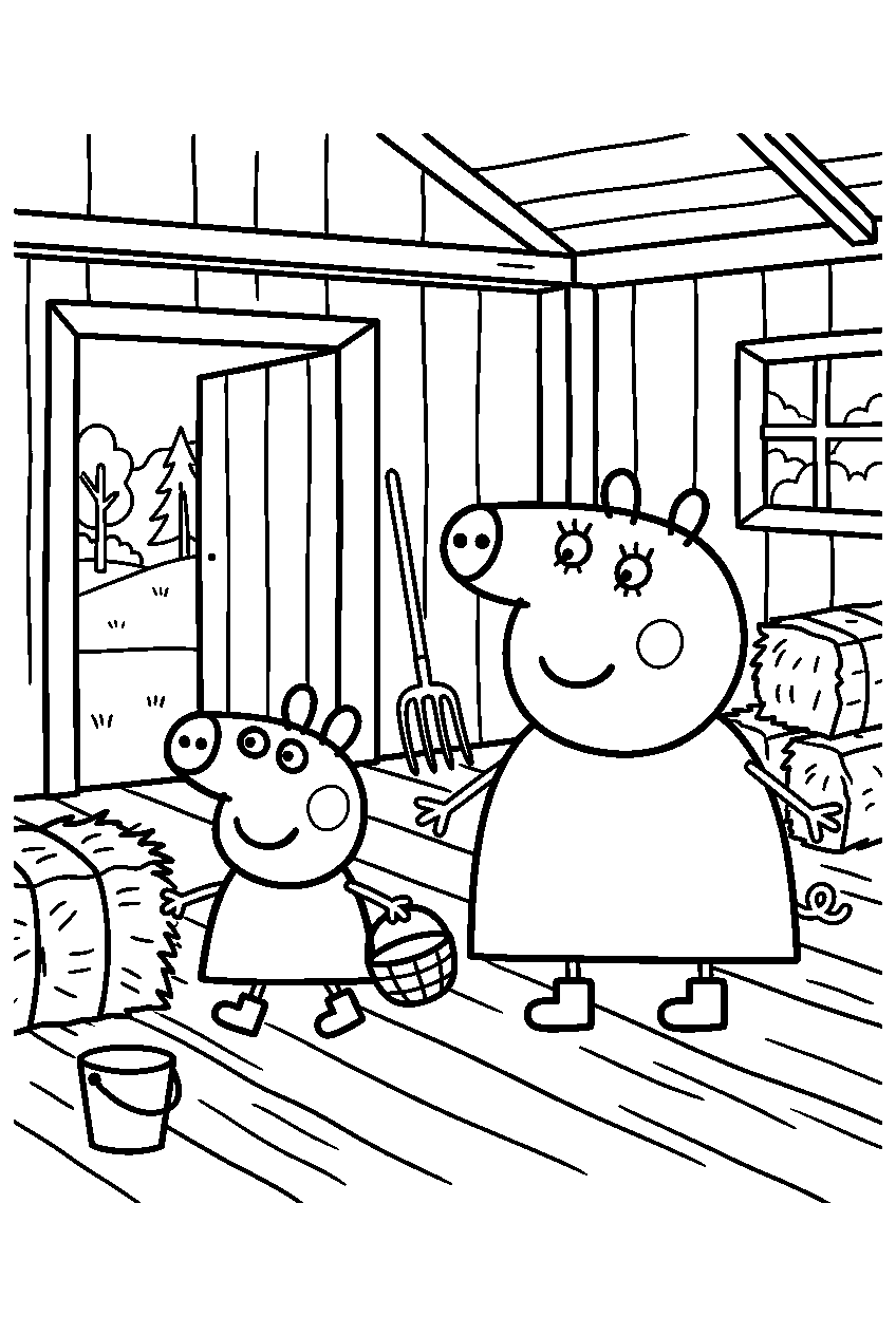 peppa pig mummy pig exploring in barn line art
