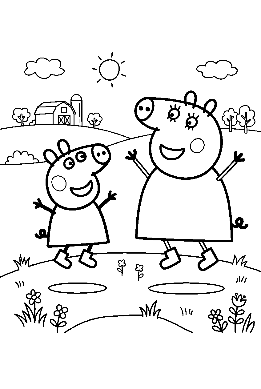 peppa pig mummy pig jumping in farm pasture line art