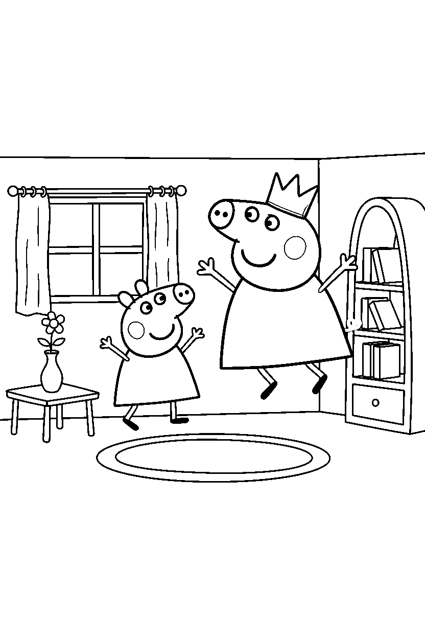 peppa pig mummy pig jumping in room line art