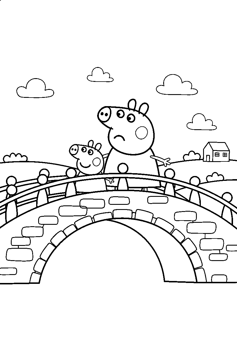 peppa pig mummy pig looking around on bridge line art