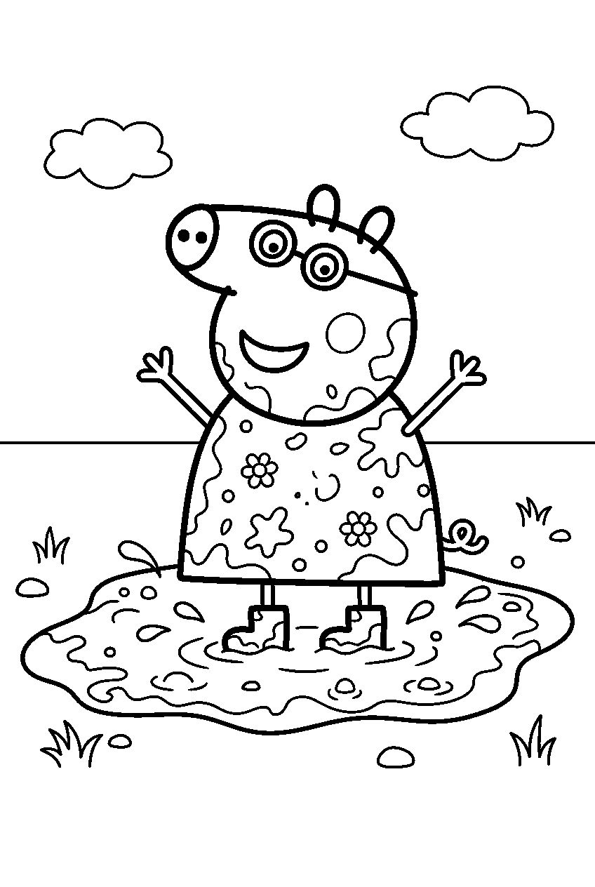peppa pig mummy pig posing in muddy puddle line art