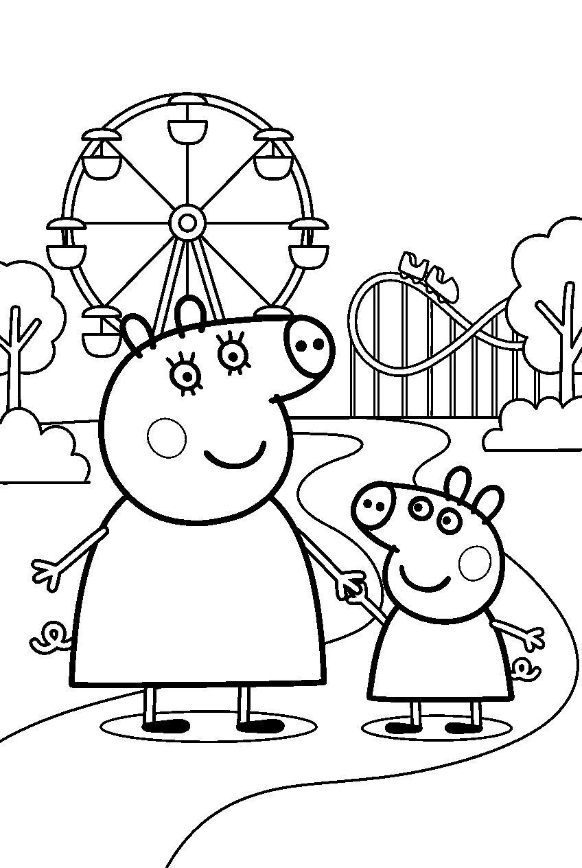 peppa pig mummy pig standing in amusement park line art