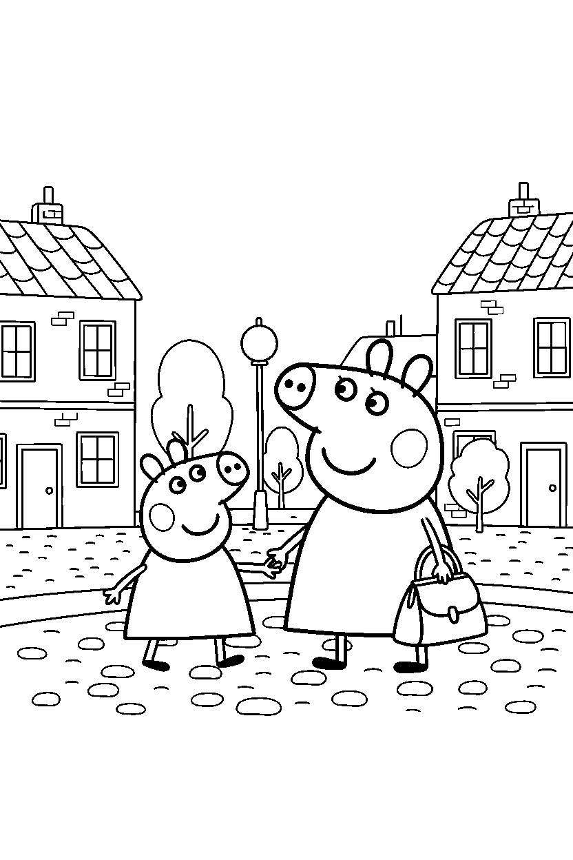 peppa pig mummy pig walking in town line art
