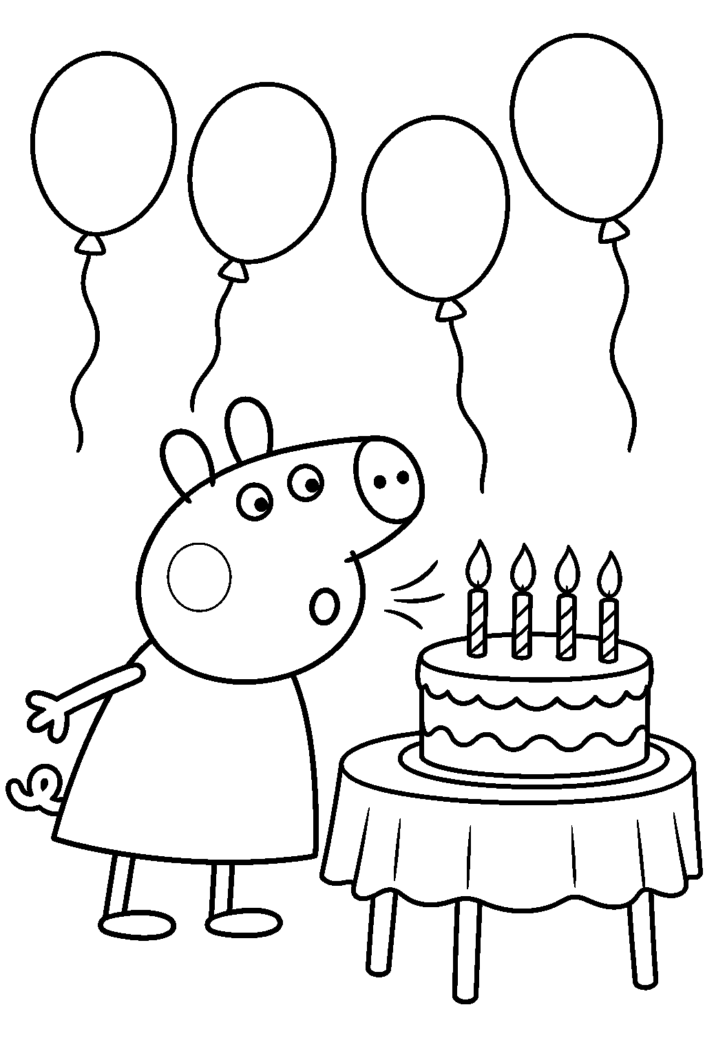 peppa pig blowing out the candles on her birthday cake beneath party balloons line art