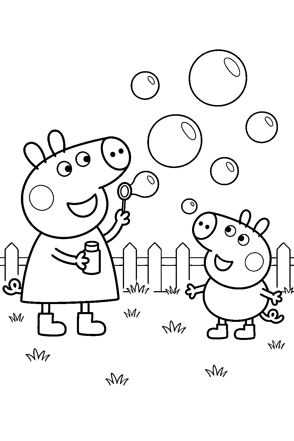 peppa pig blowing soap bubbles while george pig watches in the backyard line art