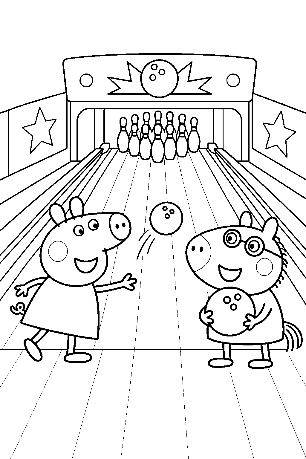 peppa pig bowling with pedro pony at a bowling alley line art