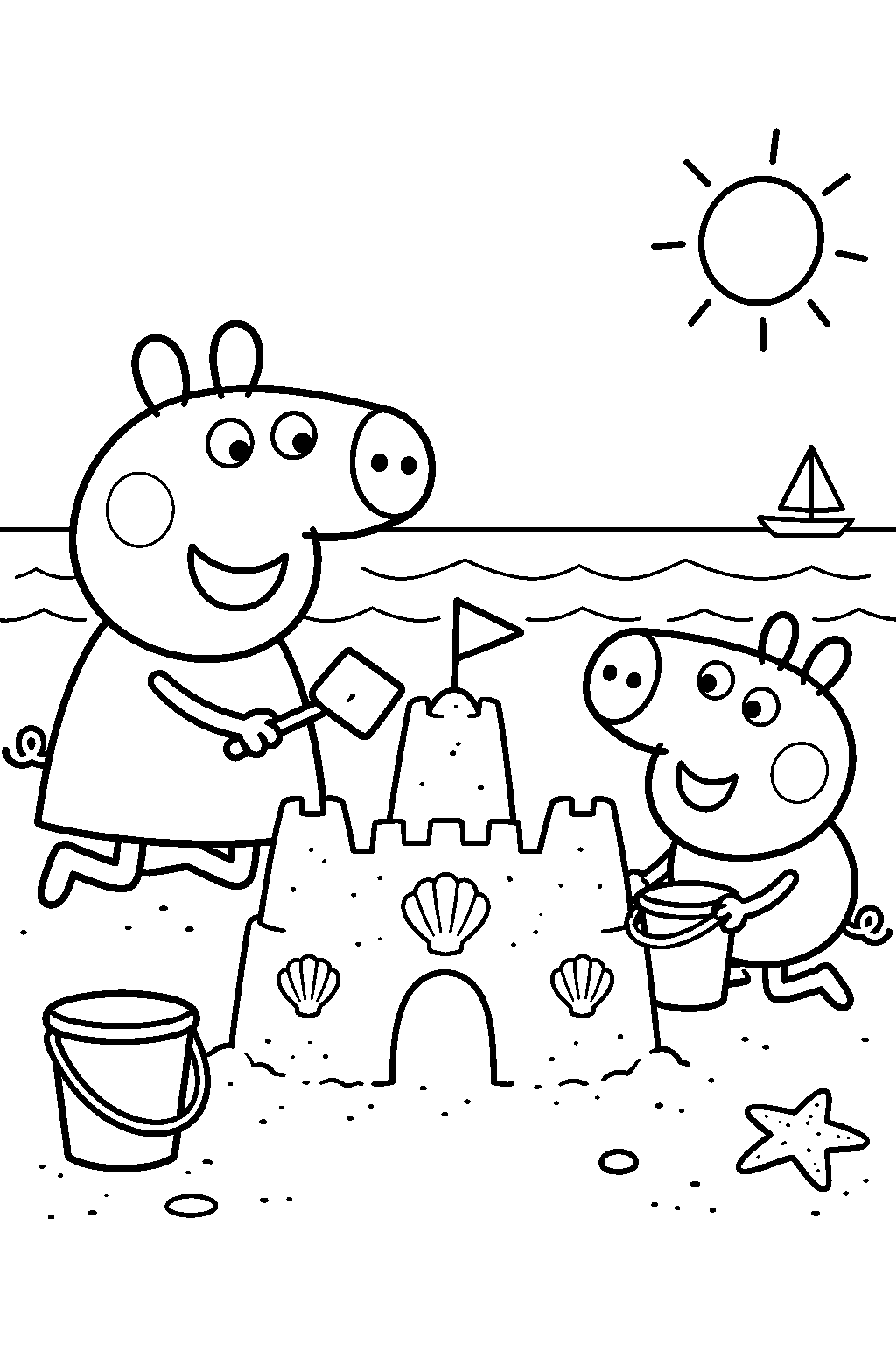 peppa pig building a sandcastle with george pig at the beach line art