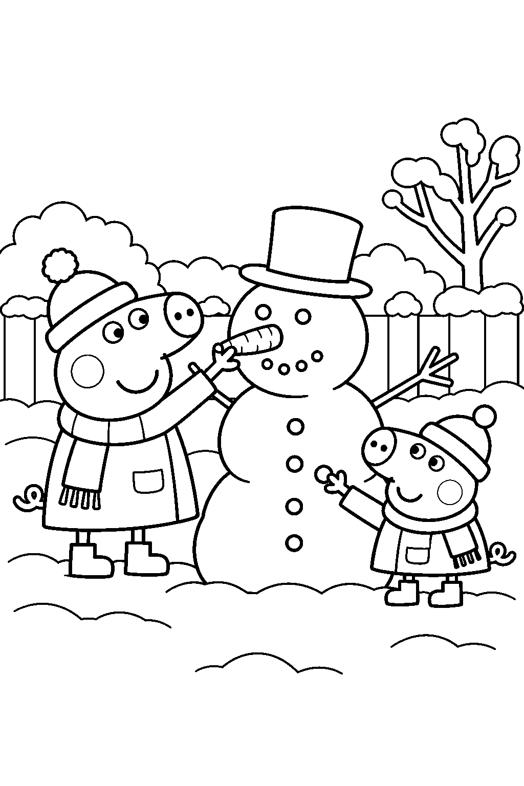 peppa pig building a snowman with george pig line art