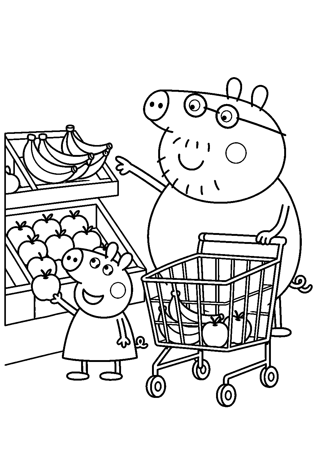 peppa pig choosing fruit with daddy pig beside a supermarket shopping trolley line art