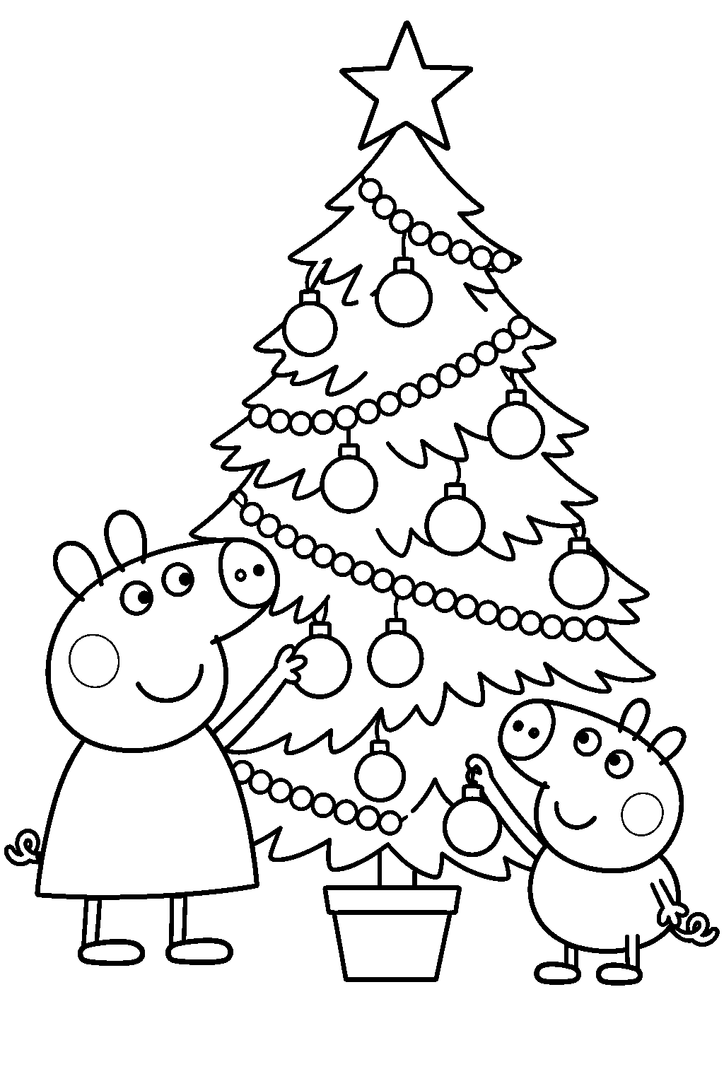 peppa pig decorating a christmas tree with george pig line art