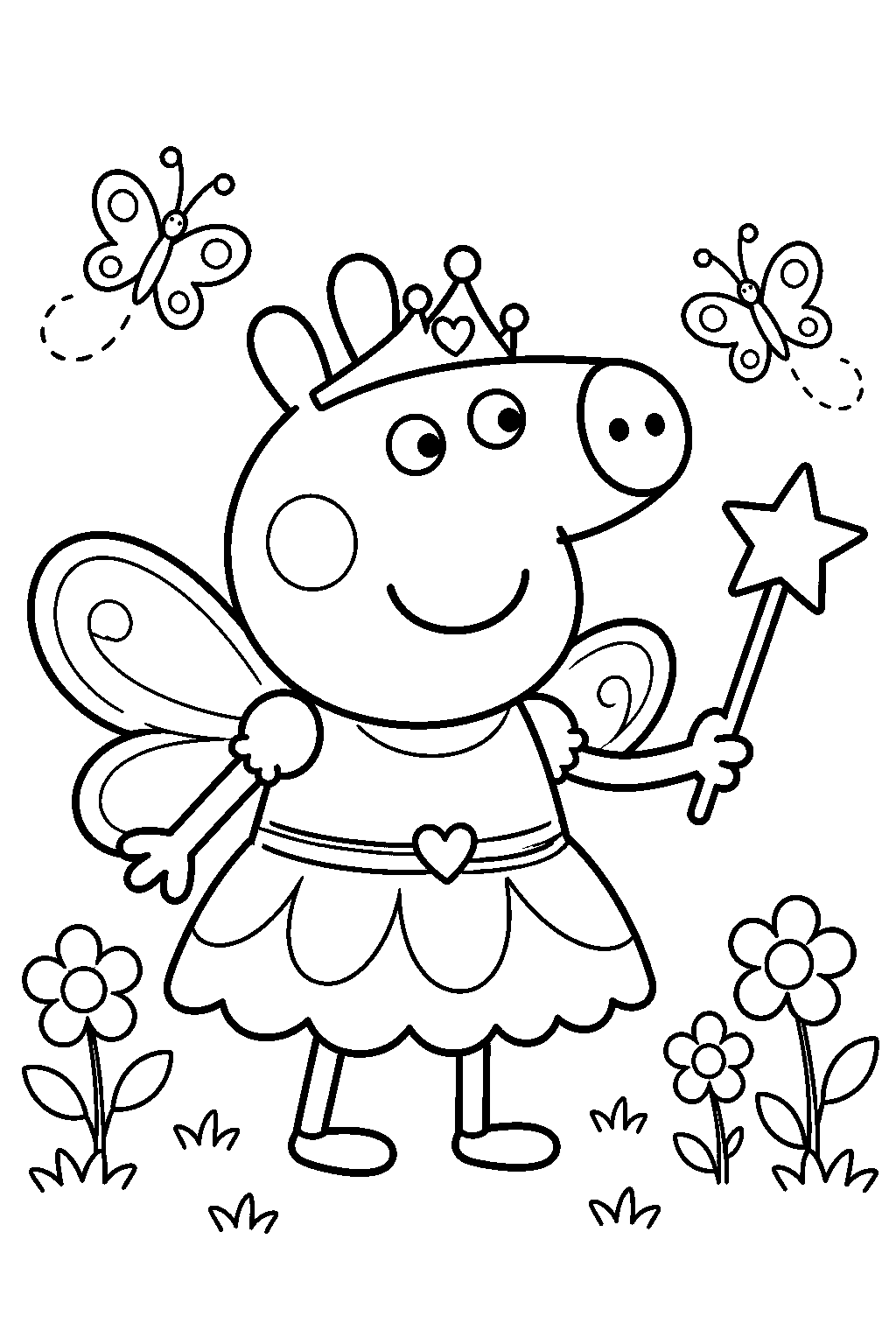peppa pig dressed as a fairy with wings and a star wand in the garden line art