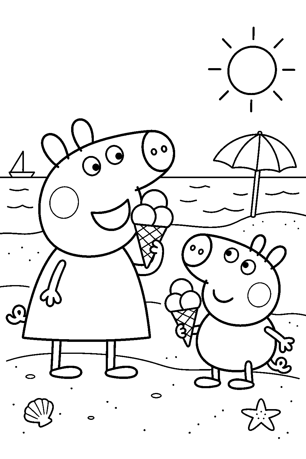 peppa pig eating an ice cream cone with george pig at the seaside line art