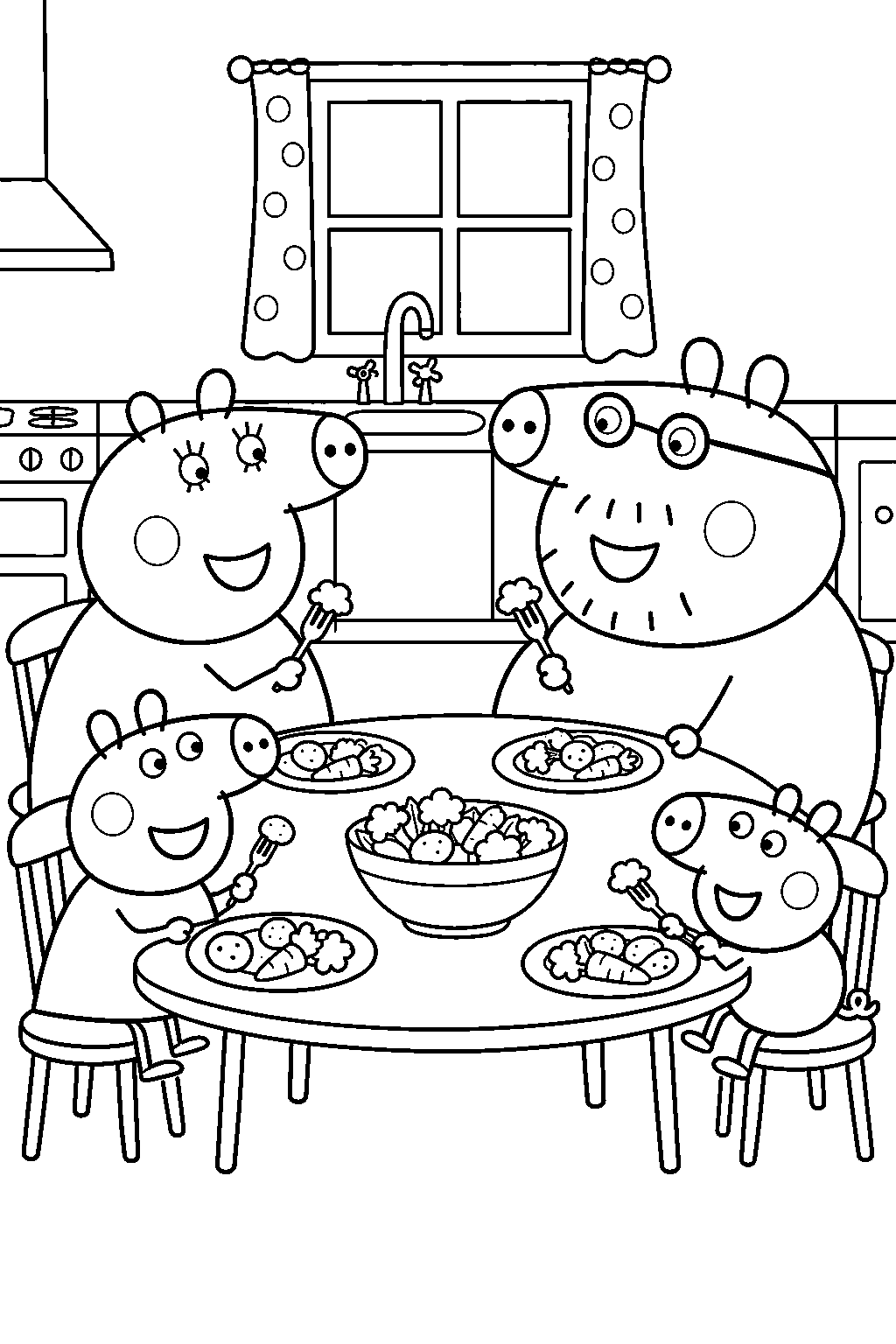 peppa pig eating dinner with mummy pig daddy pig and george at the table line art