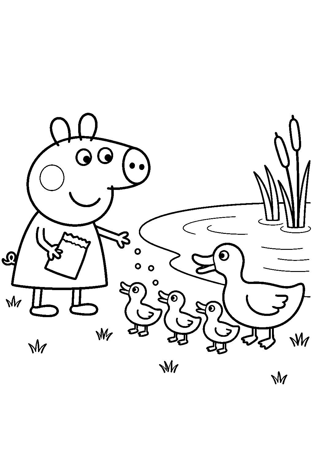 peppa pig feeding a duck and its ducklings beside a pond line art
