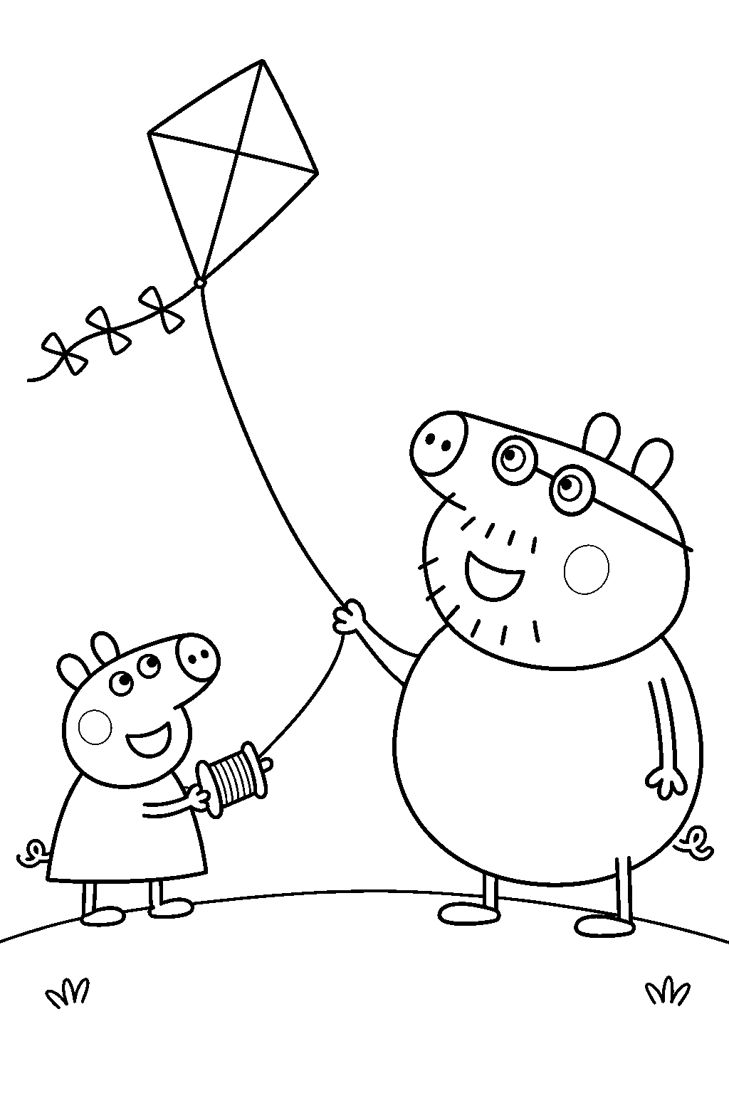 peppa pig flying a kite with daddy pig on a breezy hill line art