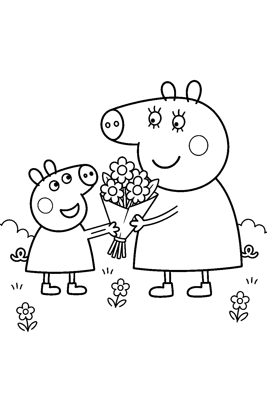 peppa pig giving mummy pig a bouquet of flowers for mother s day line art