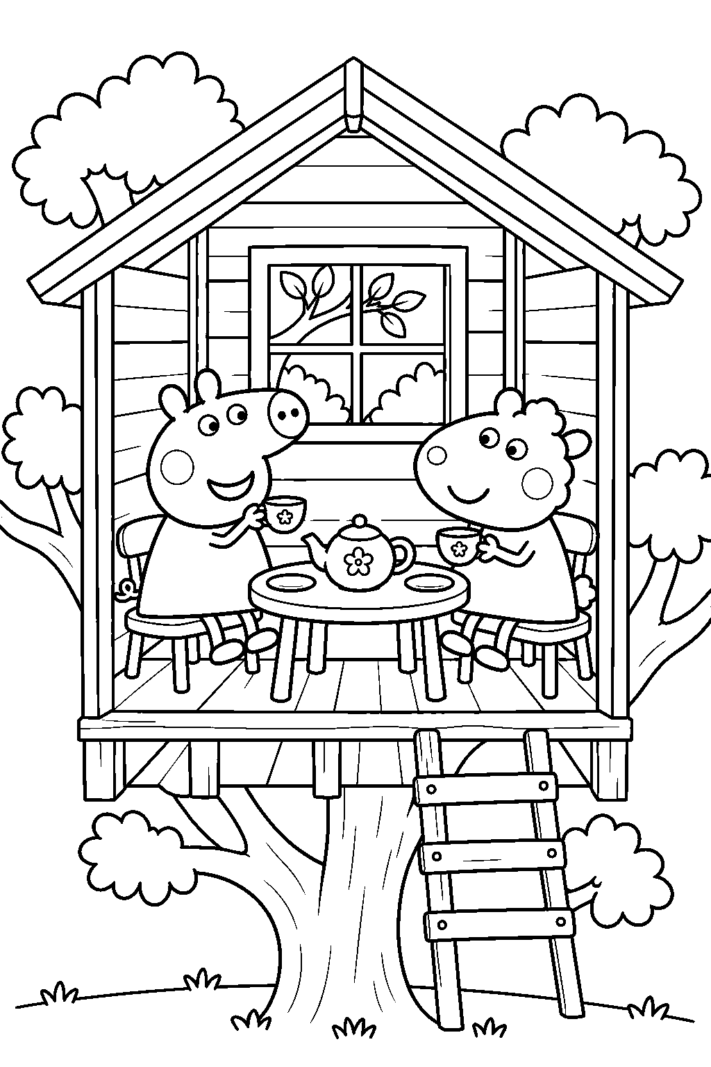 peppa pig having a pretend tea party with suzy sheep in her treehouse line art