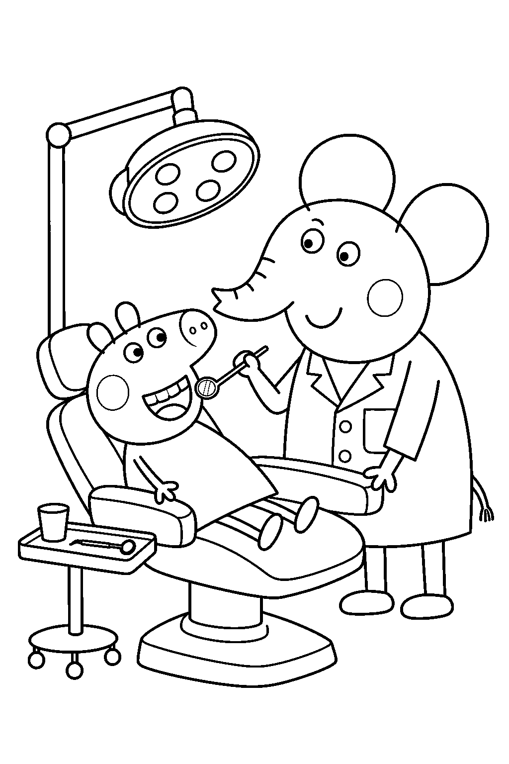 peppa pig having her teeth checked during a visit to the dentist line art