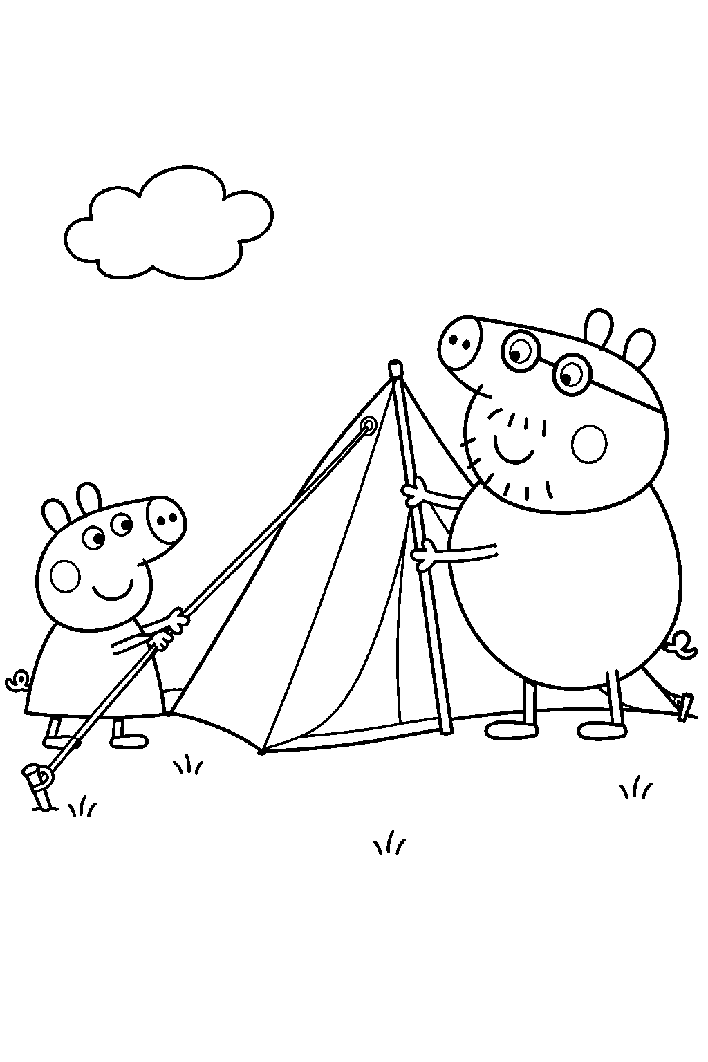 peppa pig helping daddy pig put up a tent during a countryside camping trip line art