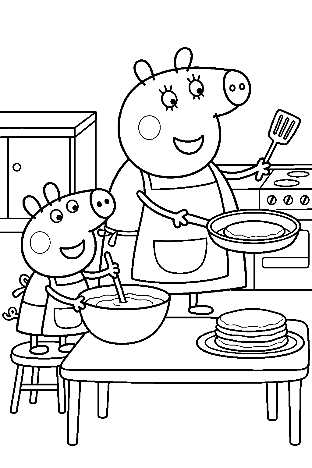 peppa pig helping mummy pig make pancakes in the kitchen line art