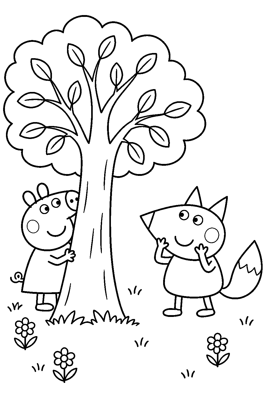 peppa pig hiding behind a garden tree during hide and seek with freddy fox line art